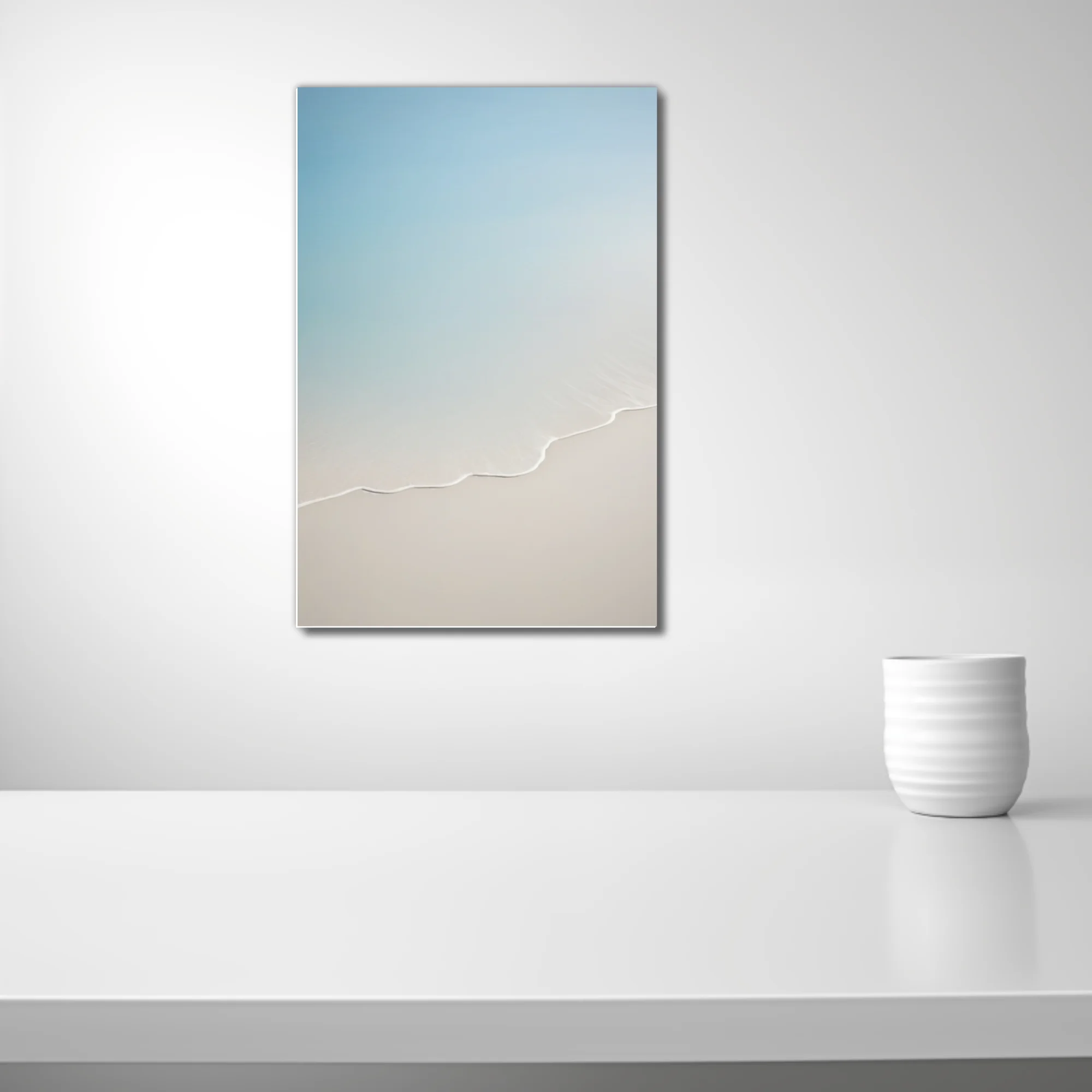 Minimalist aerial landscape with sinuous white line, soft blue and cream palette