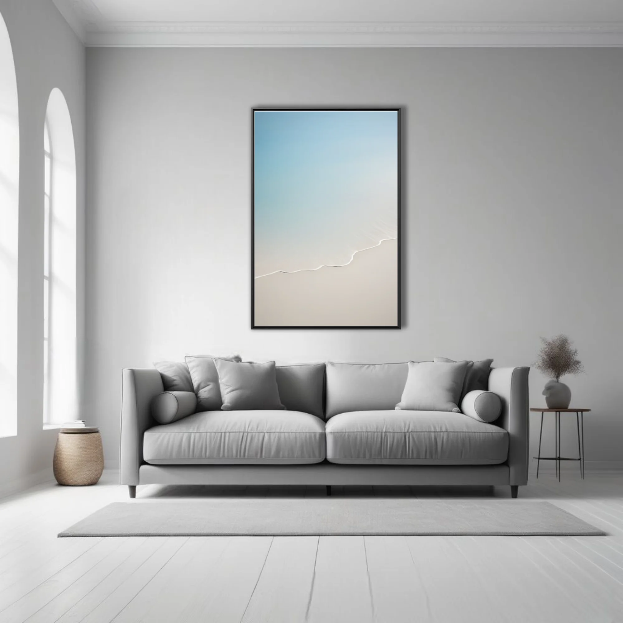 Minimalist aerial landscape with sinuous white line, soft blue and cream palette