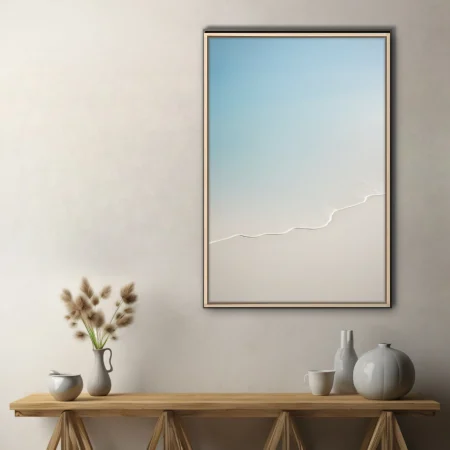 Minimalist aerial landscape with sinuous white line, soft blue and cream palette