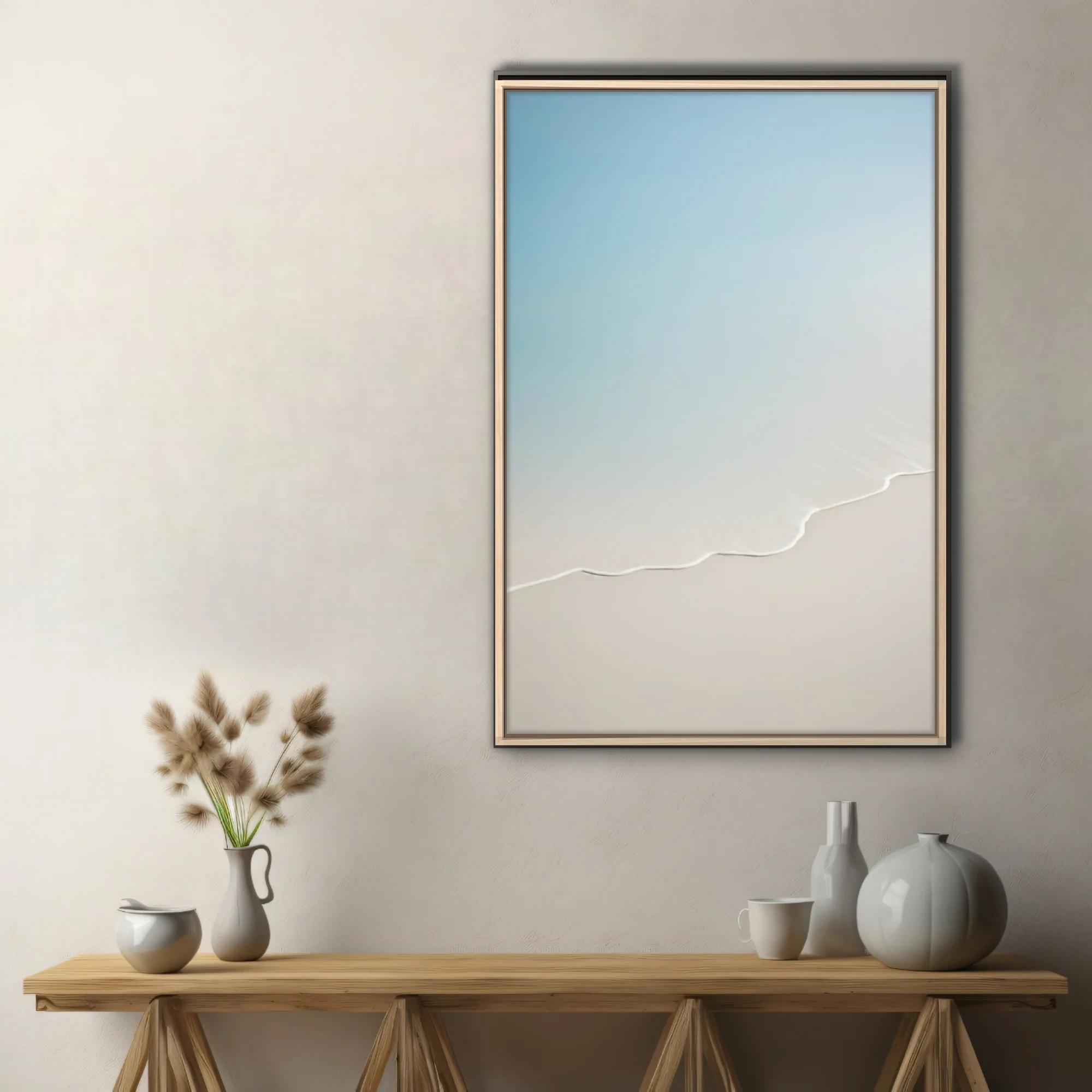 Minimalist aerial landscape with sinuous white line, soft blue and cream palette