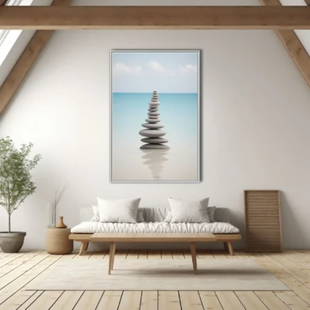 Minimalist Zen stacked stones print, cool grey and aqua palette