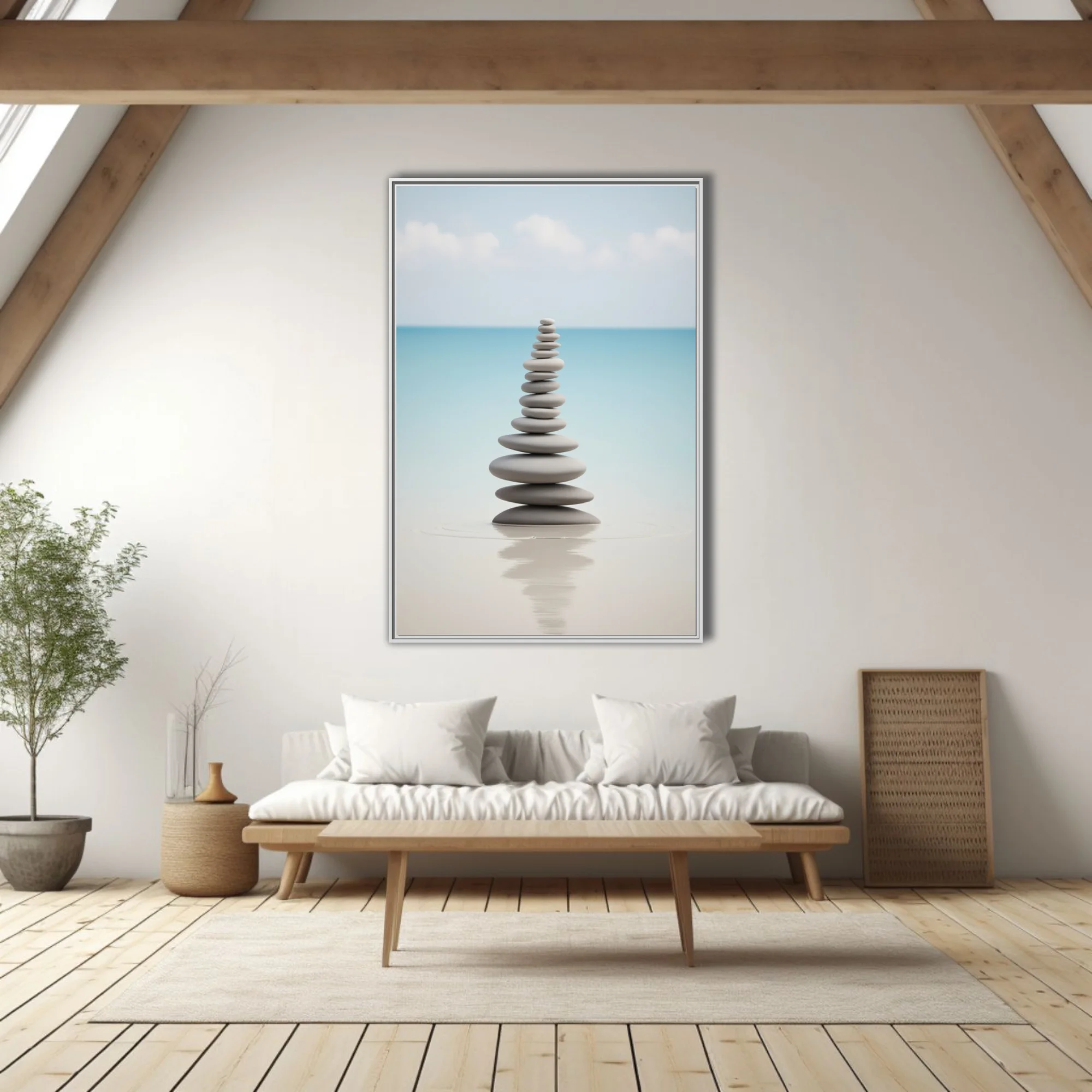 Minimalist Zen stacked stones print, cool grey and aqua palette