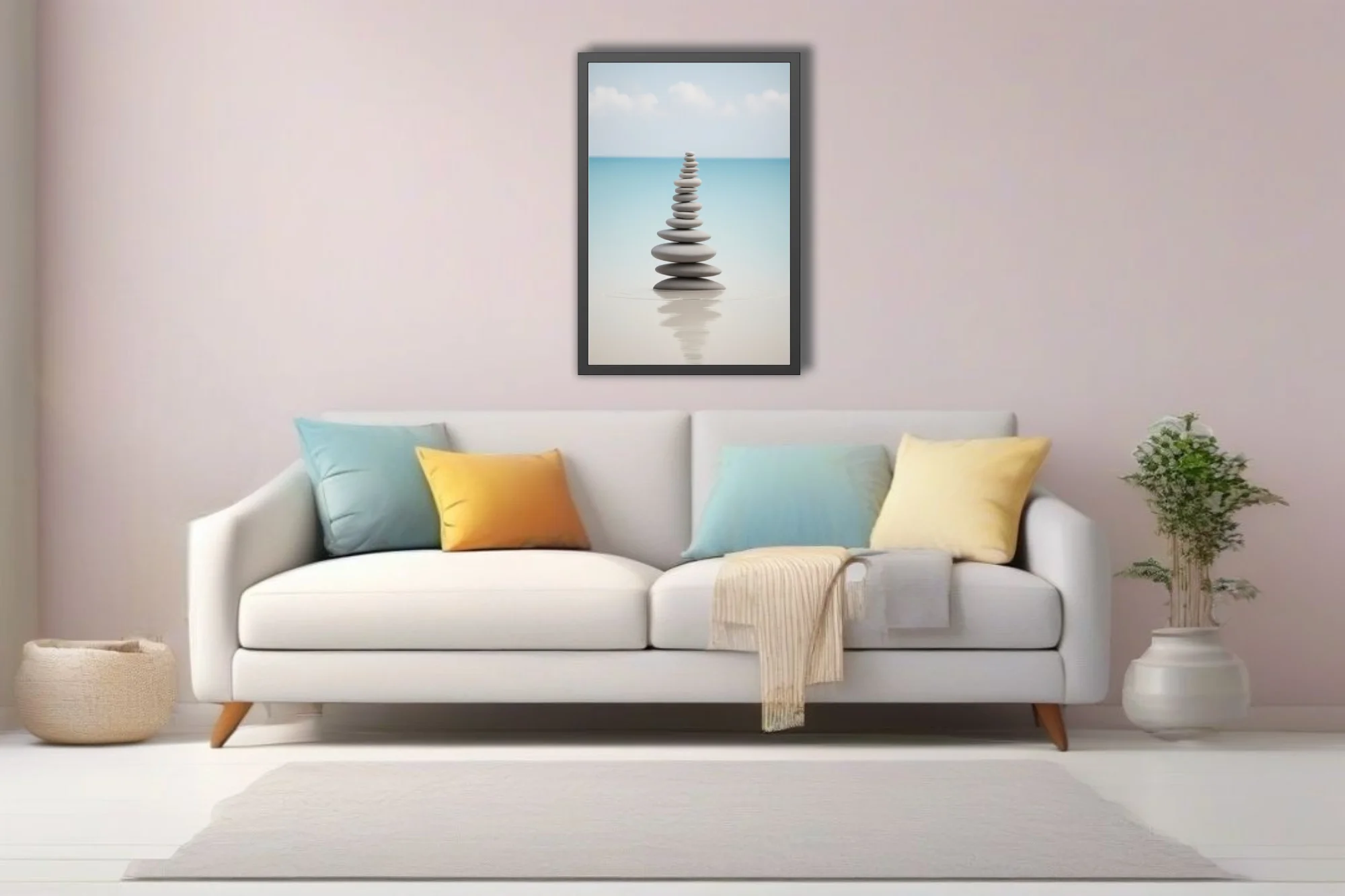 Minimalist Zen stacked stones print, cool grey and aqua palette