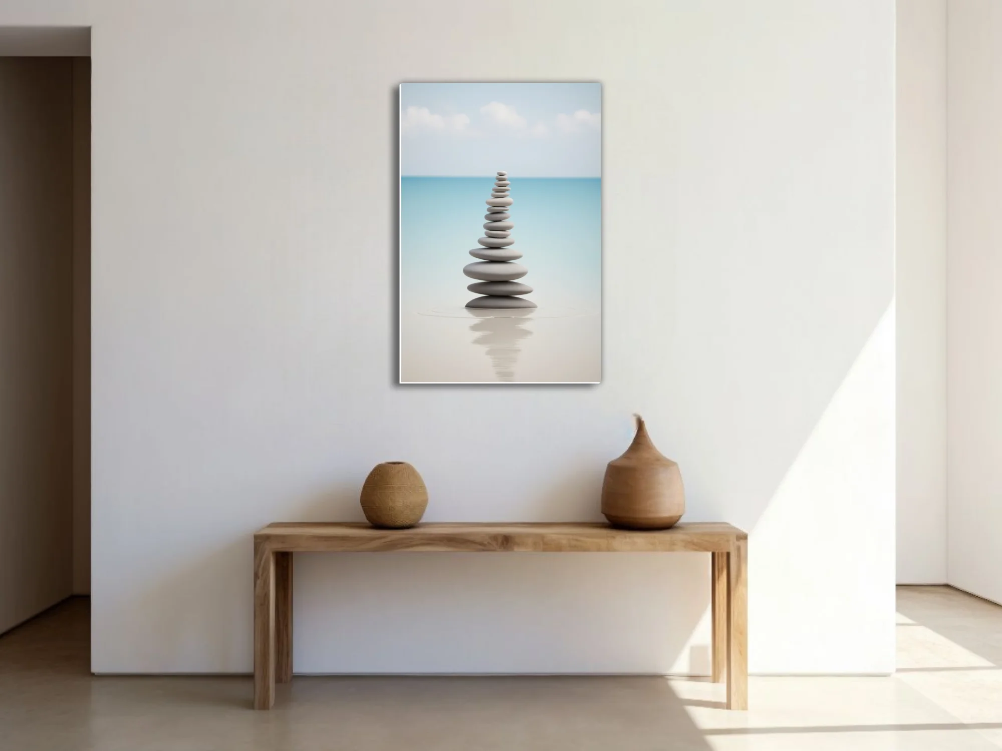 Minimalist Zen stacked stones print, cool grey and aqua palette
