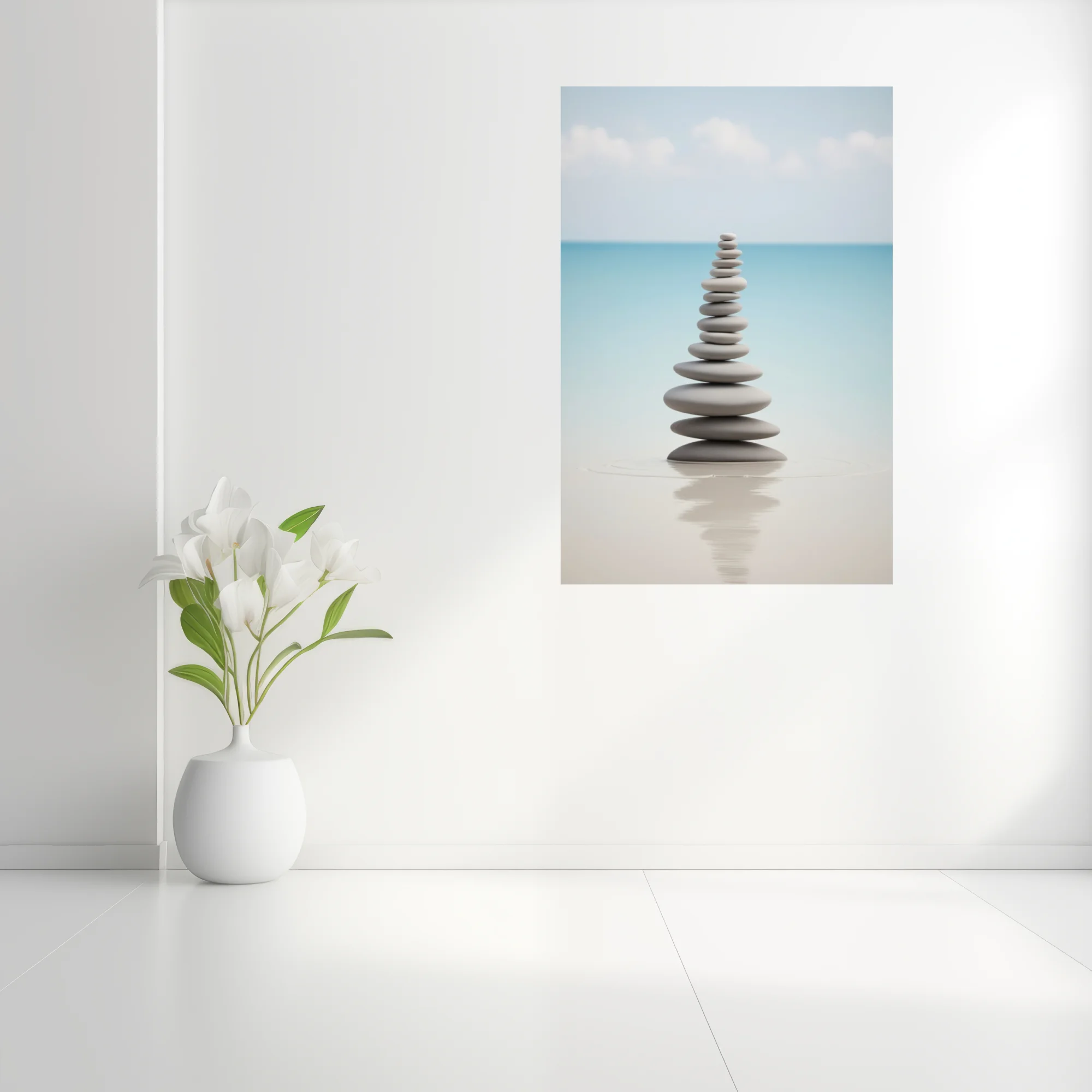 Minimalist Zen stacked stones print, cool grey and aqua palette