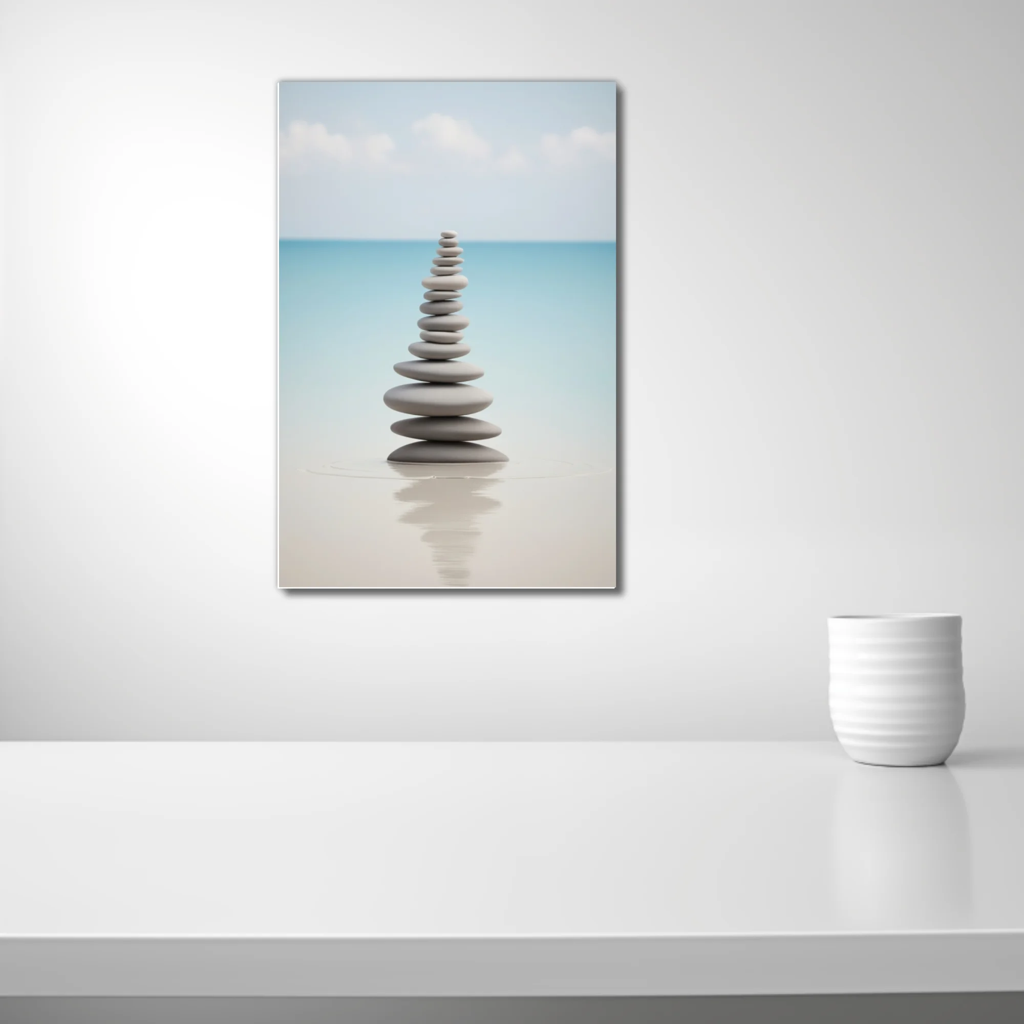 Minimalist Zen stacked stones print, cool grey and aqua palette