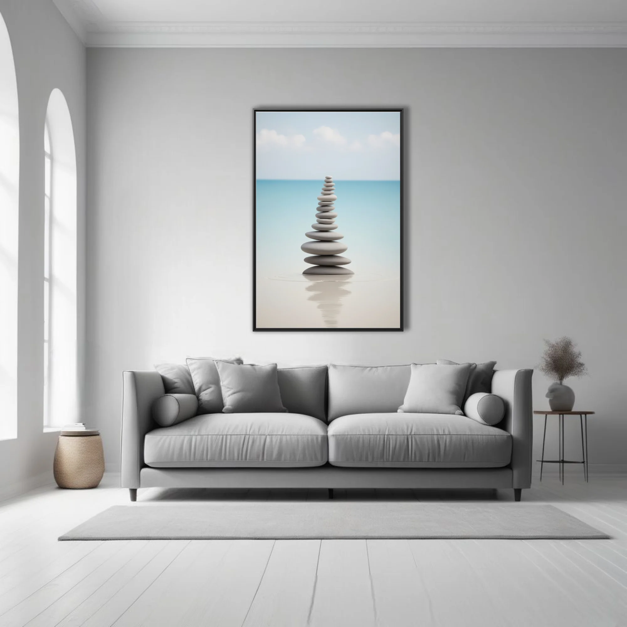 Minimalist Zen stacked stones print, cool grey and aqua palette