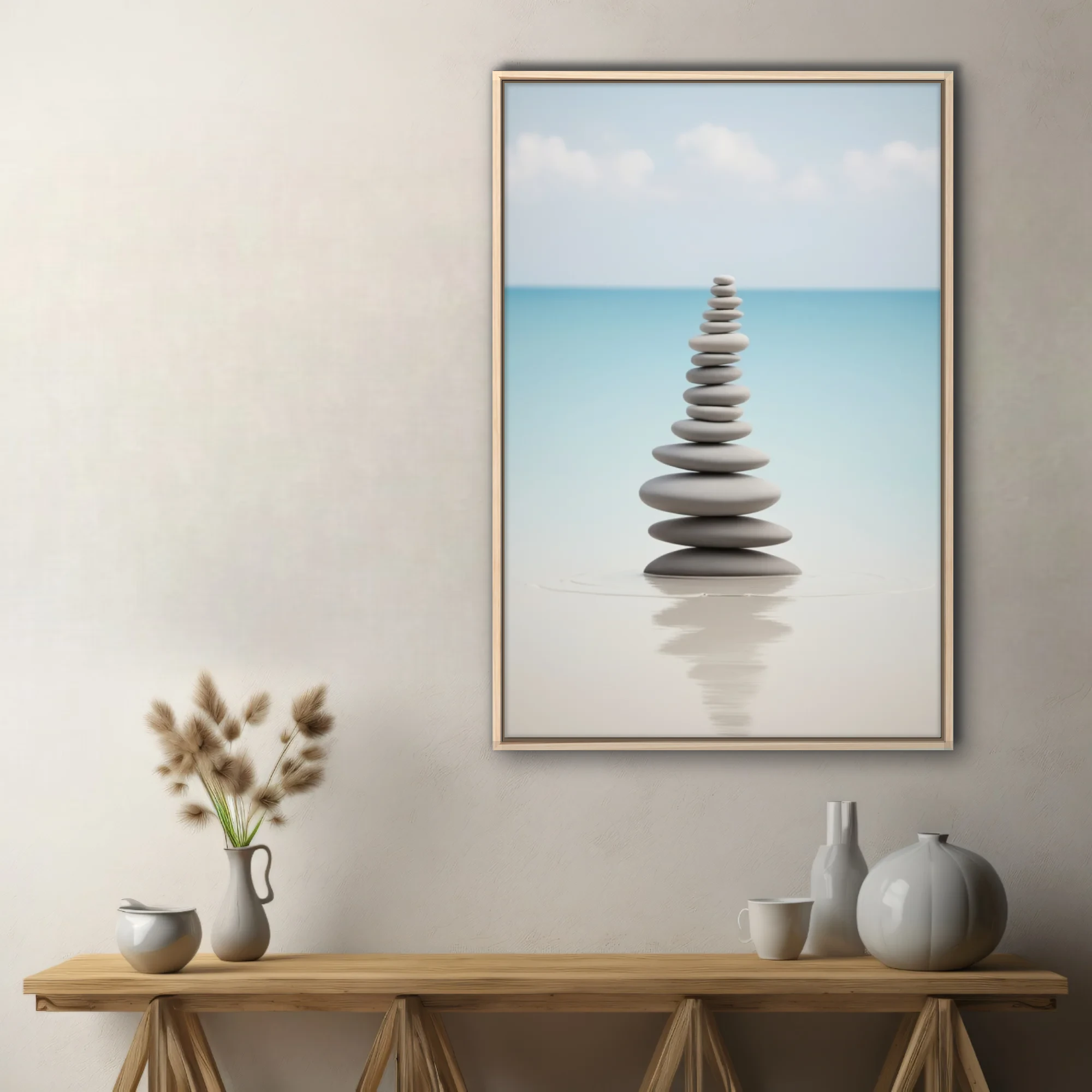 Minimalist Zen stacked stones print, cool grey and aqua palette