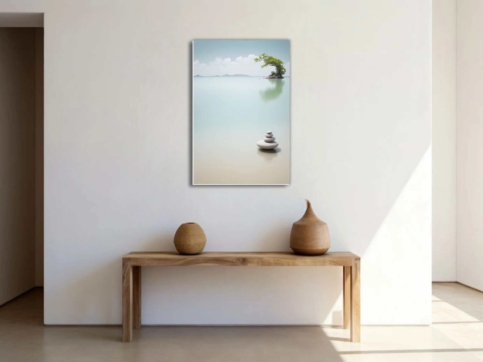 Minimalist zen landscape — stacked stones, lone island tree, still water, aqua palette