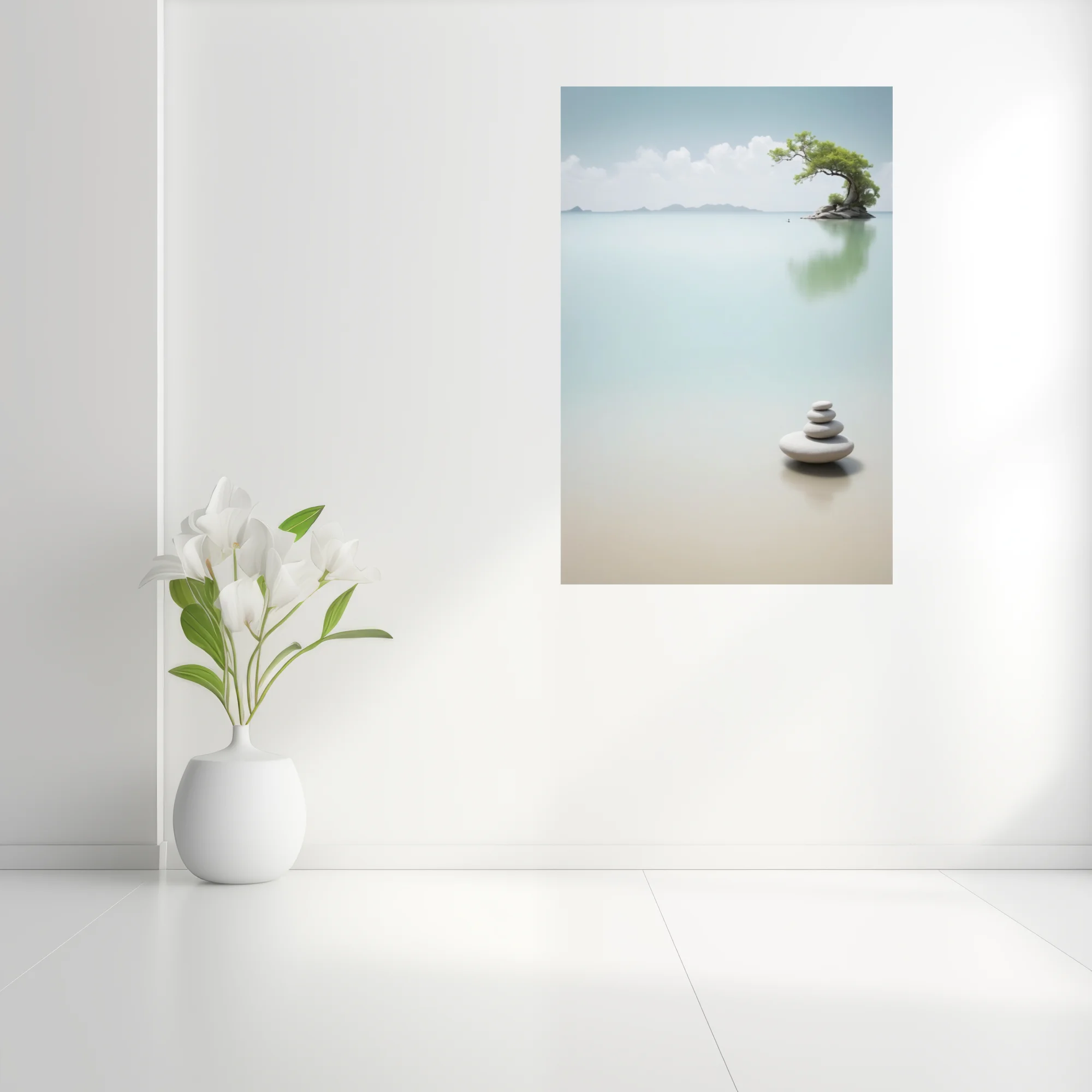 Minimalist zen landscape — stacked stones, lone island tree, still water, aqua palette