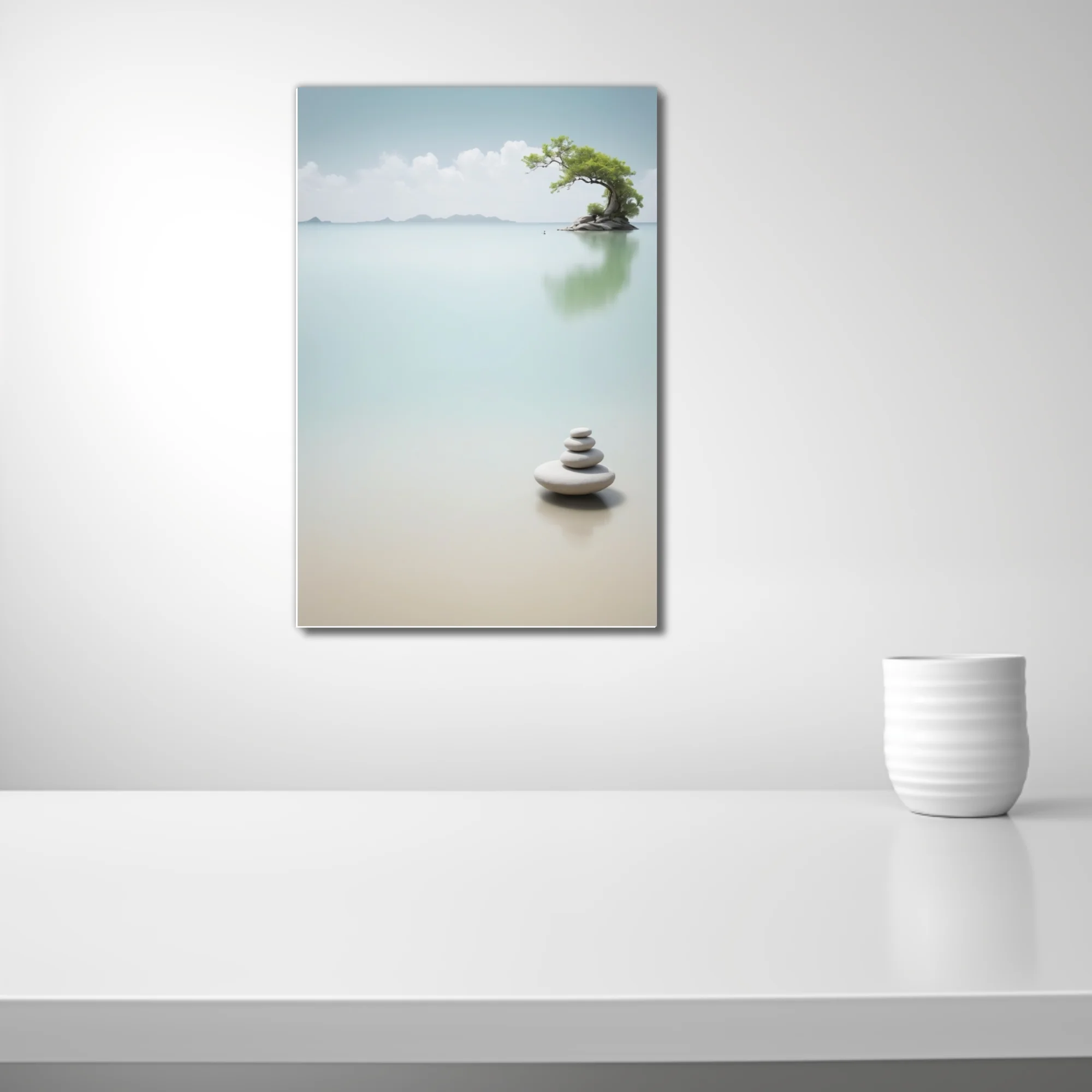 Minimalist zen landscape — stacked stones, lone island tree, still water, aqua palette