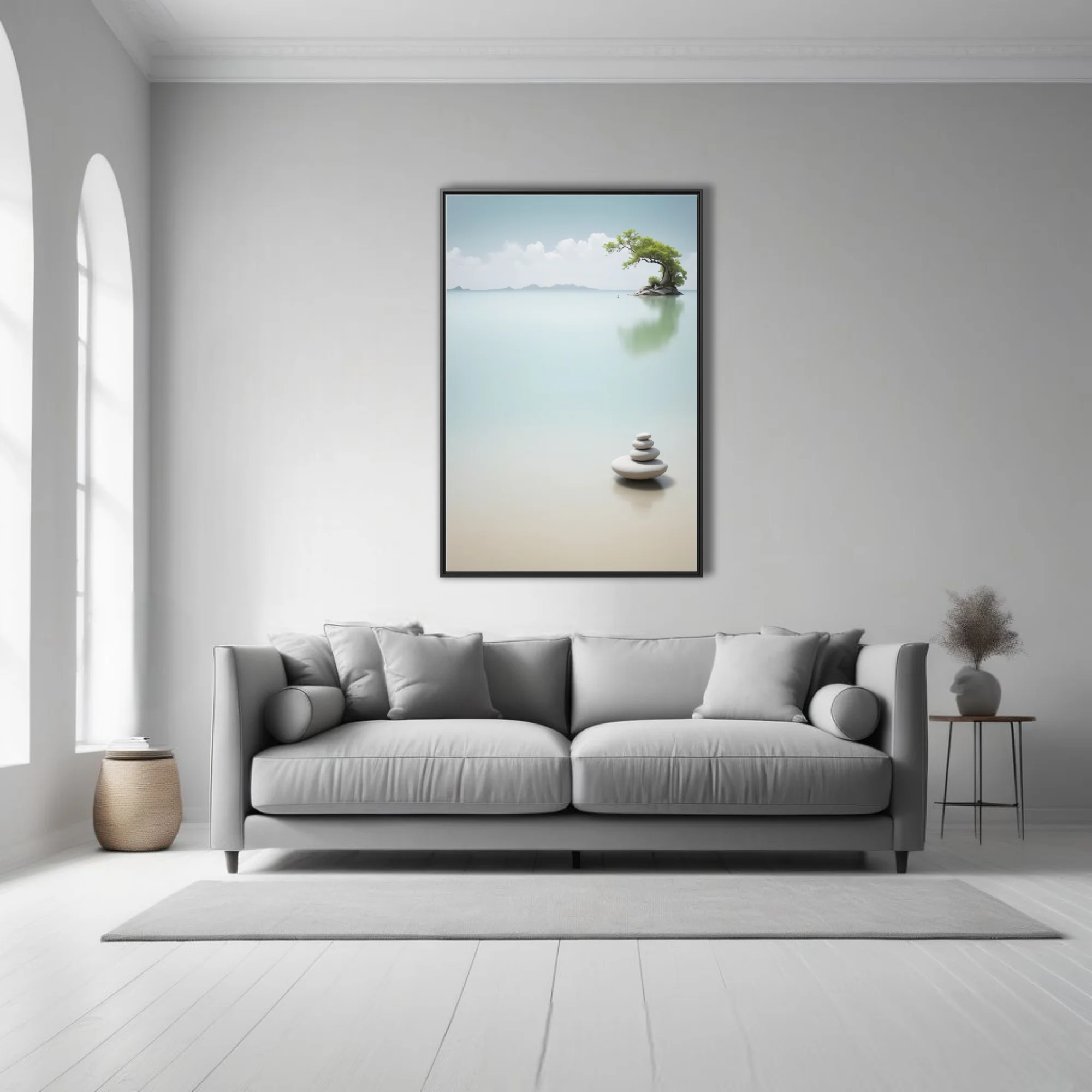 Minimalist zen landscape — stacked stones, lone island tree, still water, aqua palette