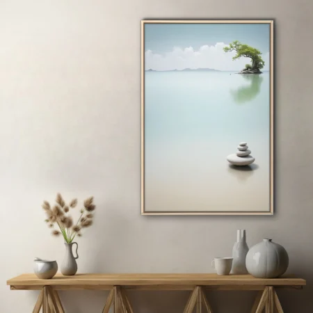 Minimalist zen landscape — stacked stones, lone island tree, still water, aqua palette