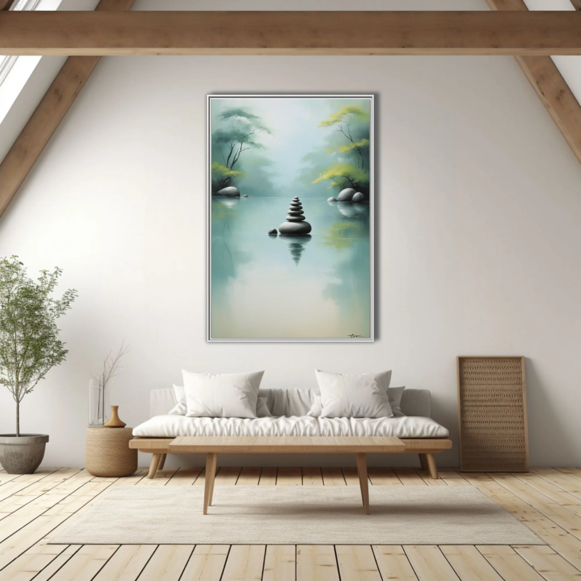 Zen ink-wash-style balanced stone cairn on misty water, celadon and grey tones