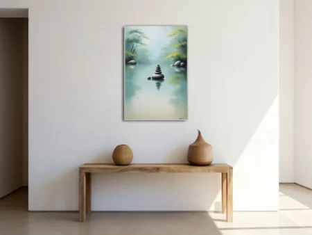 Zen ink-wash-style balanced stone cairn on misty water, celadon and grey tones