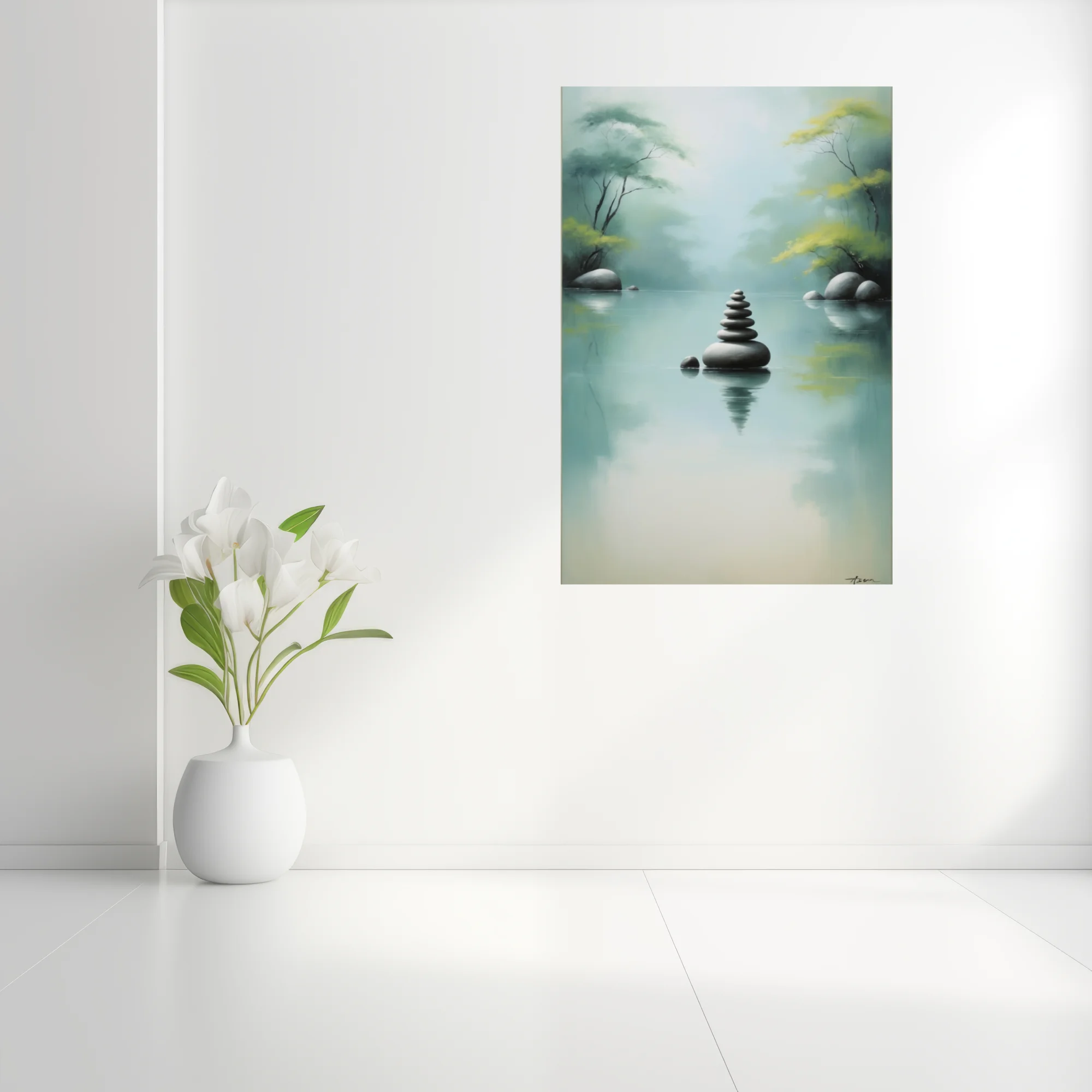Zen ink-wash-style balanced stone cairn on misty water, celadon and grey tones