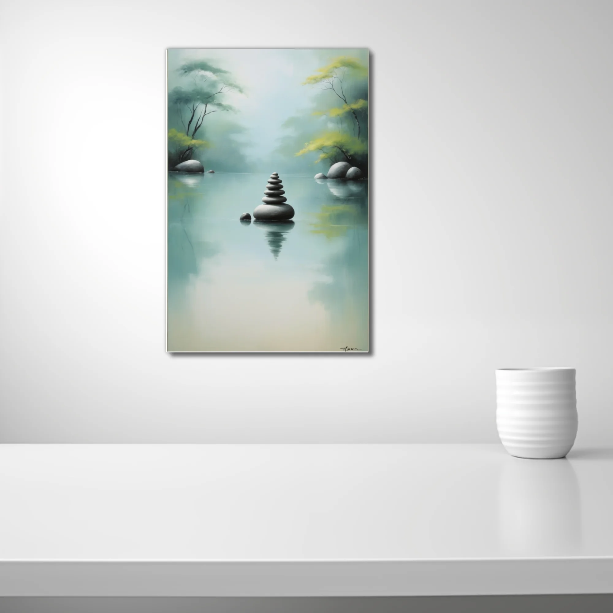 Zen ink-wash-style balanced stone cairn on misty water, celadon and grey tones