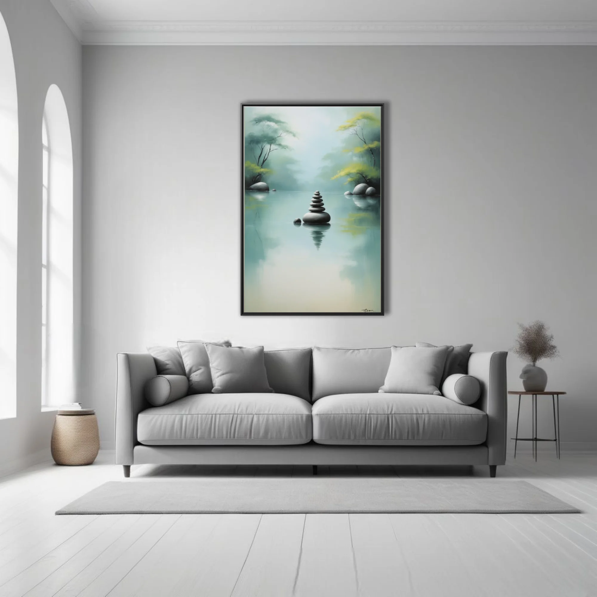 Zen ink-wash-style balanced stone cairn on misty water, celadon and grey tones