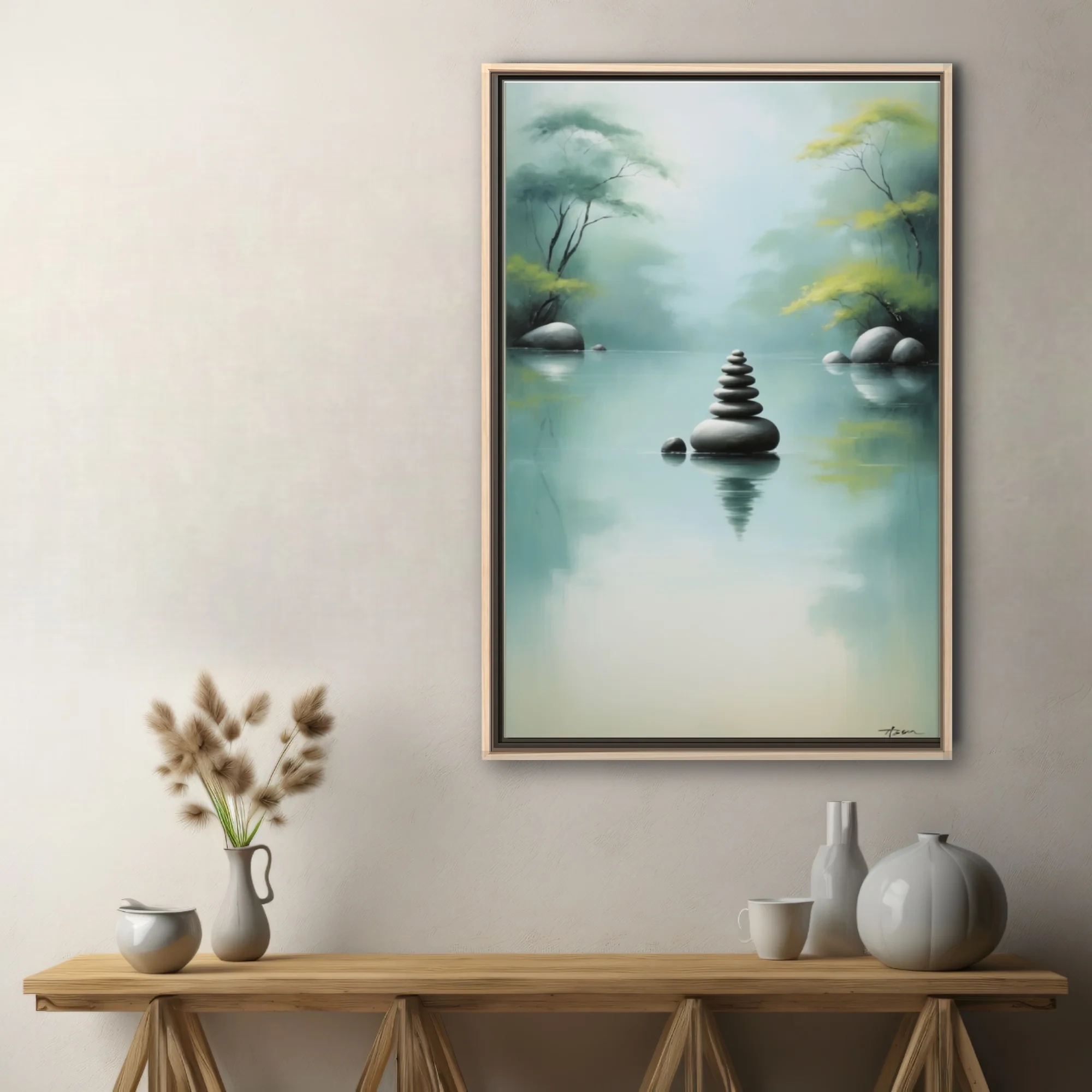 Zen ink-wash-style balanced stone cairn on misty water, celadon and grey tones
