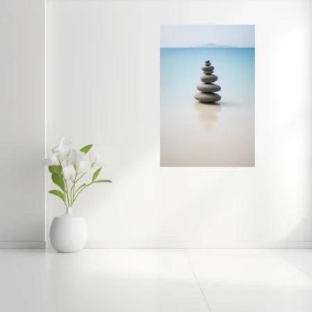 Minimalist zen stacked stones cool grey blue serene coastal backdrop