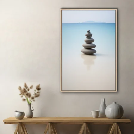 Minimalist zen stacked stones cool grey blue serene coastal backdrop