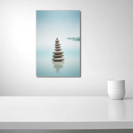 Minimalist stacked stones composition, soft aqua tones, serene Zen-style wall art