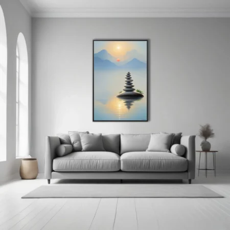 Zen stacked stones on still water, misty mountains, soft sunrise palette