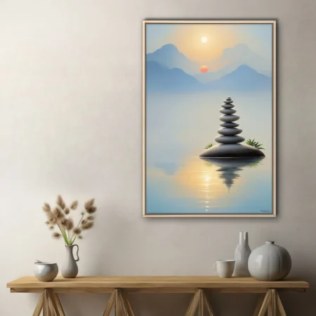 Zen stacked stones on still water, misty mountains, soft sunrise palette
