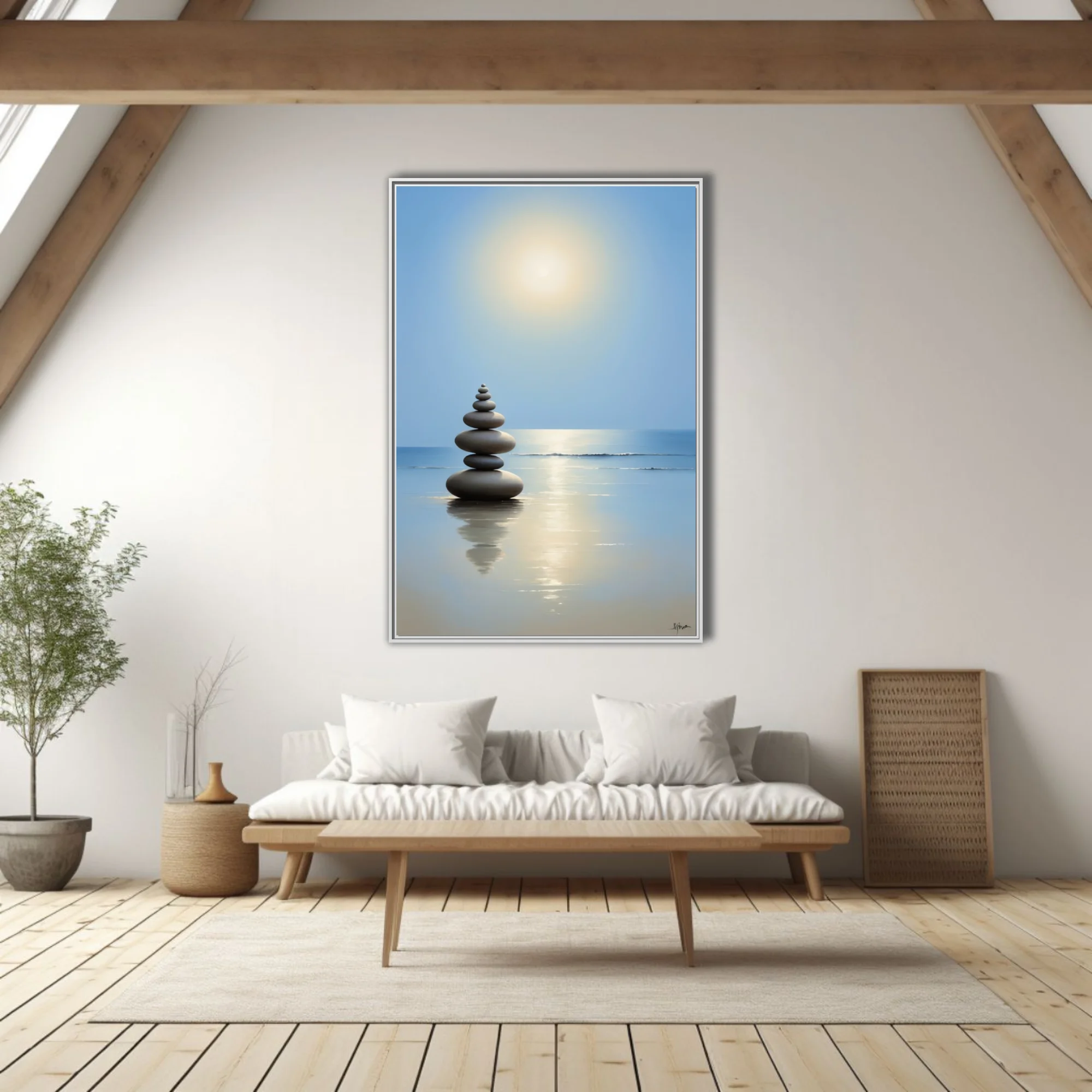 Minimalist zen stacked stones on calm reflective beach, soft blue and gold tones
