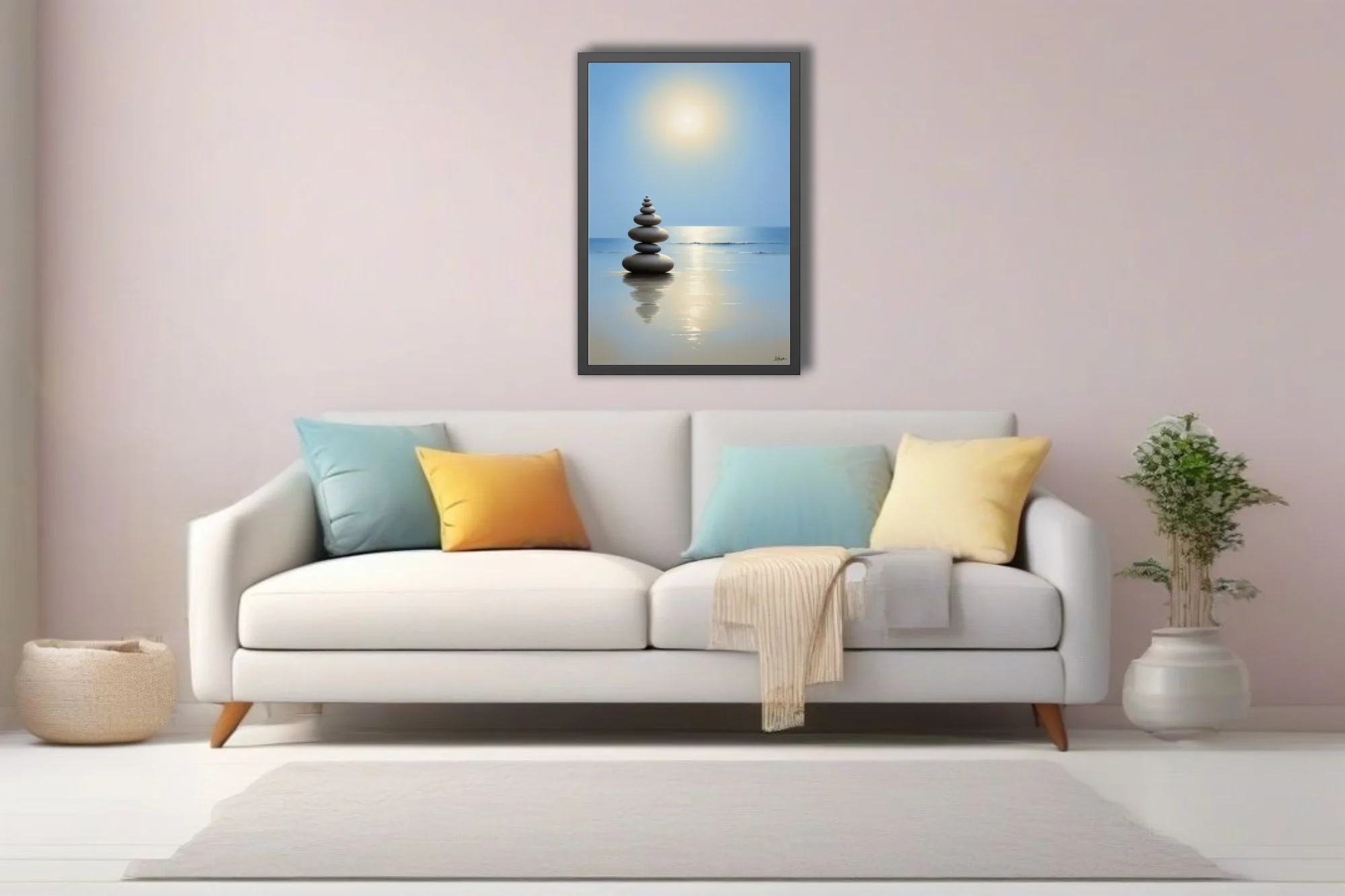 Minimalist zen stacked stones on calm reflective beach, soft blue and gold tones