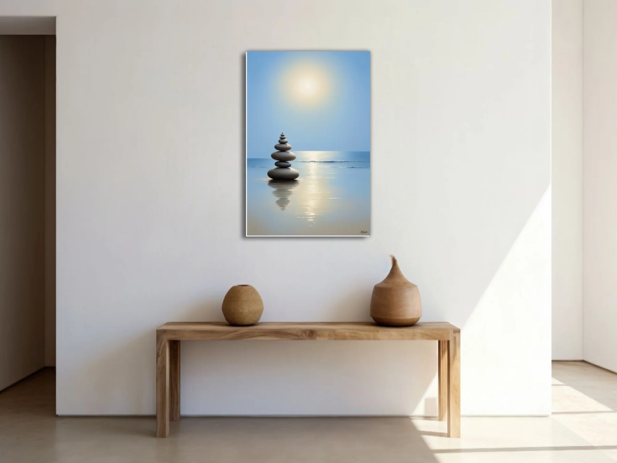 Minimalist zen stacked stones on calm reflective beach, soft blue and gold tones