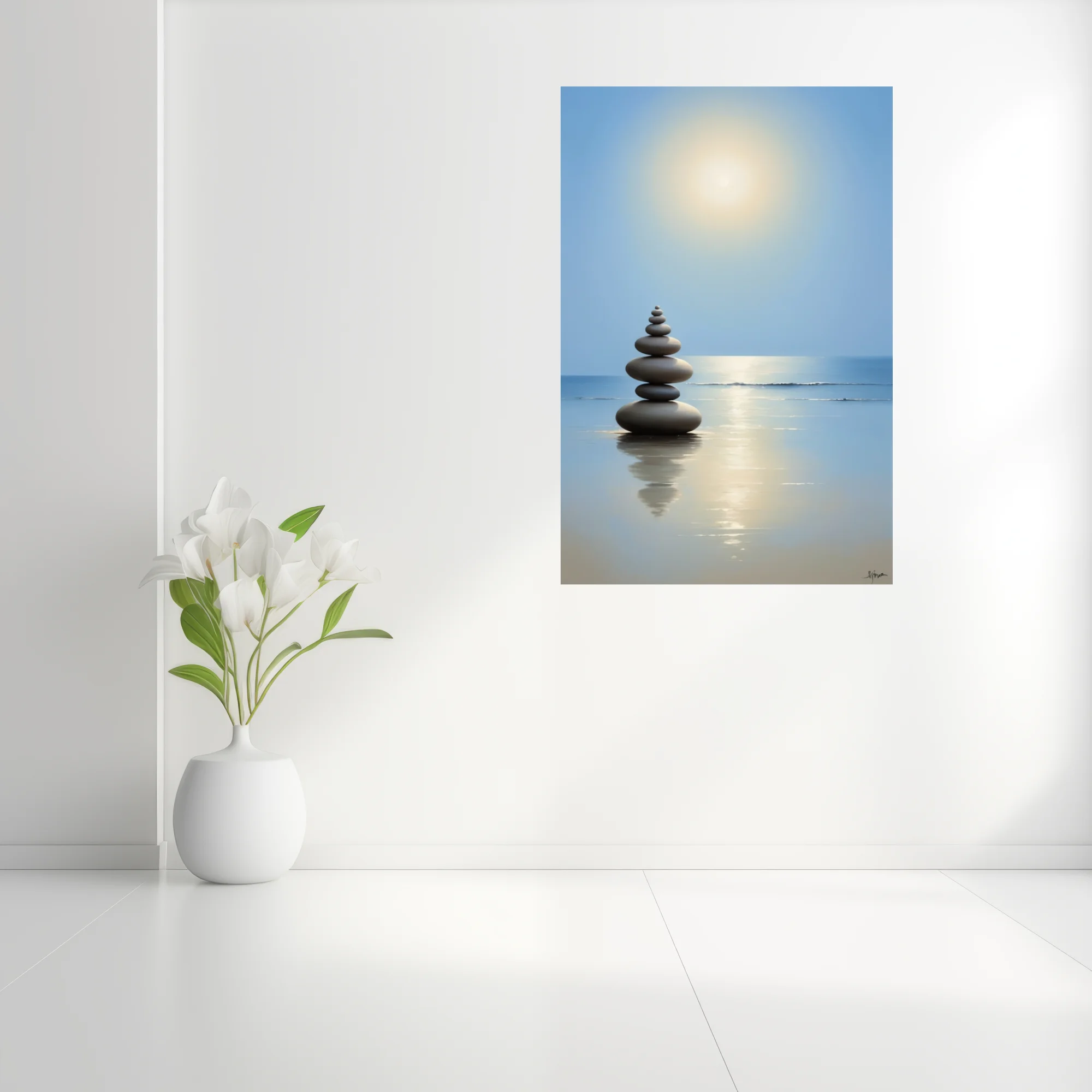 Minimalist zen stacked stones on calm reflective beach, soft blue and gold tones