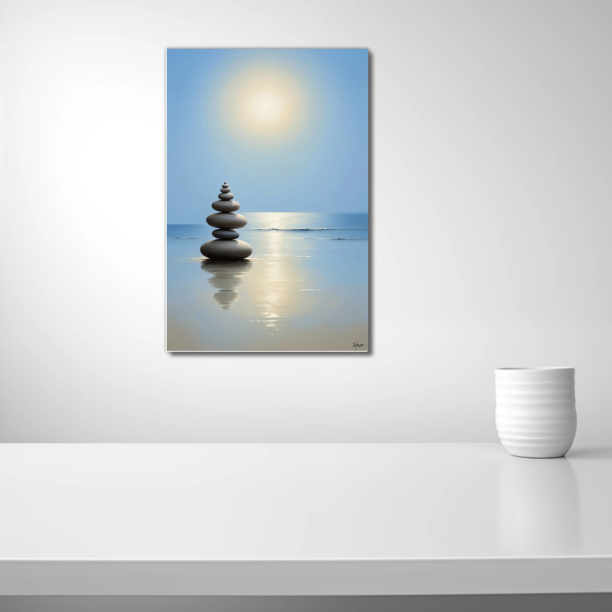 Minimalist zen stacked stones on calm reflective beach, soft blue and gold tones