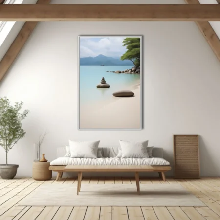 Zen stone stack on calm turquoise shoreline with mountain backdrop