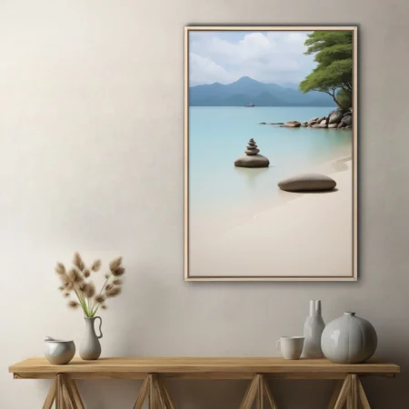 Zen stone stack on calm turquoise shoreline with mountain backdrop