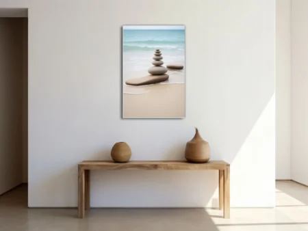 Zen balancing stones on sandy beach with soft seafoam waves