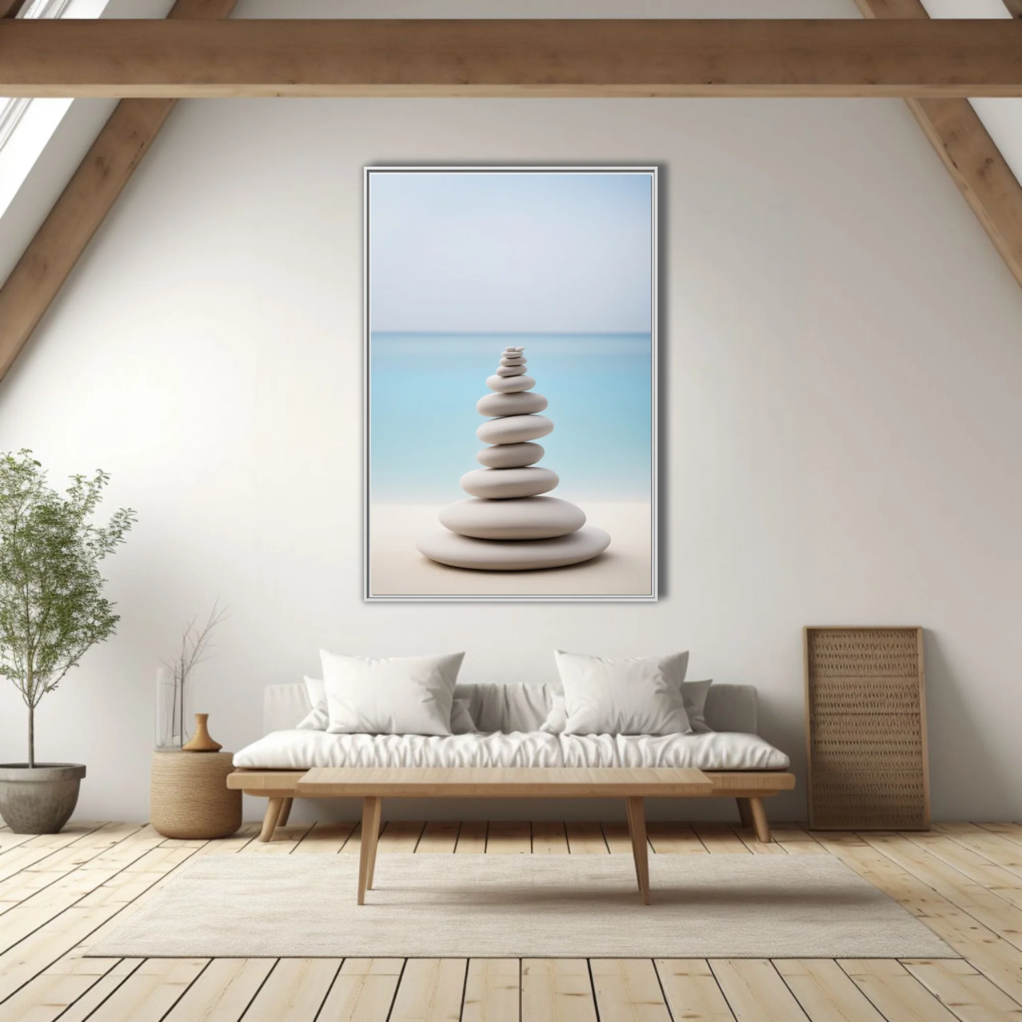 Minimalist zen stacked stones print, pale grey and soft aqua palette