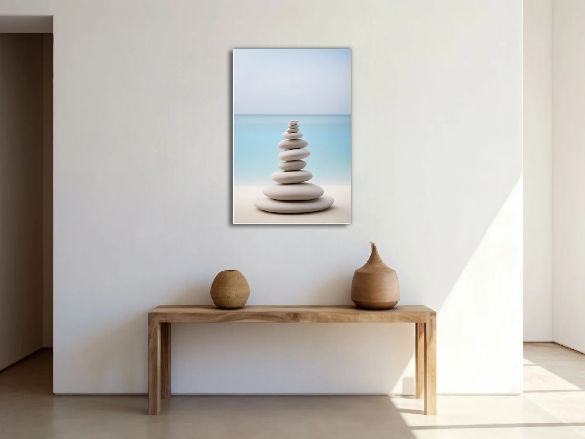 Minimalist zen stacked stones print, pale grey and soft aqua palette