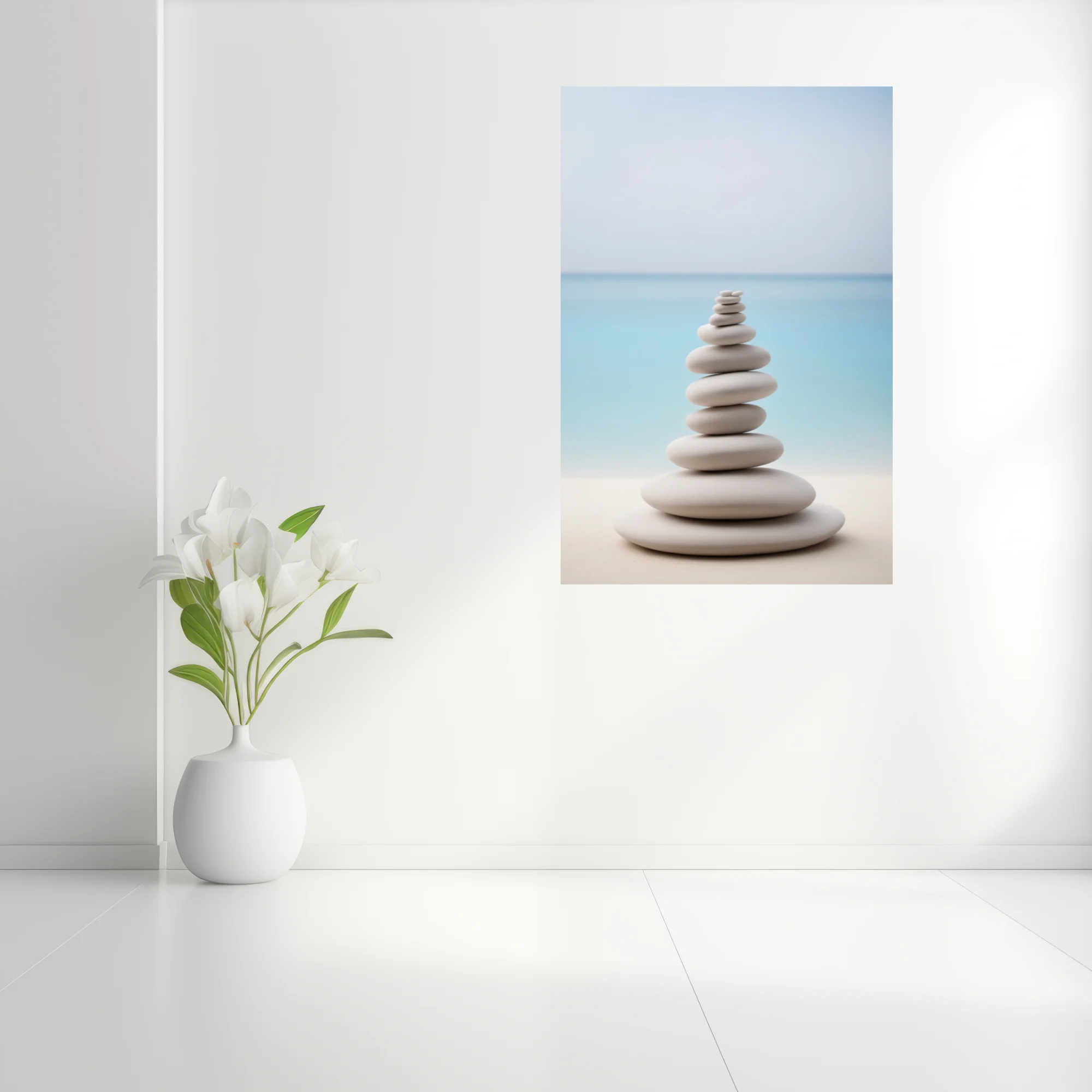 Minimalist zen stacked stones print, pale grey and soft aqua palette