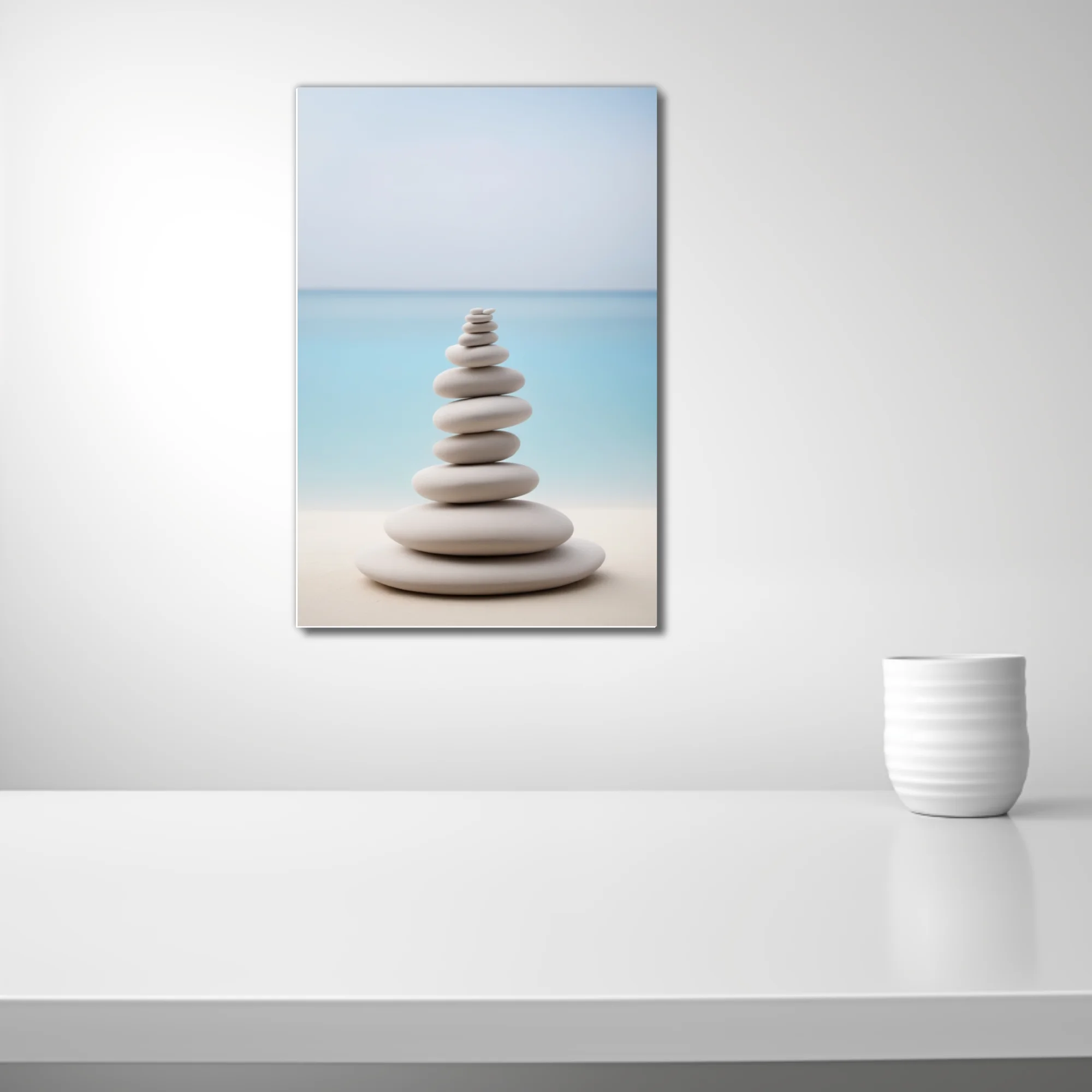 Minimalist zen stacked stones print, pale grey and soft aqua palette