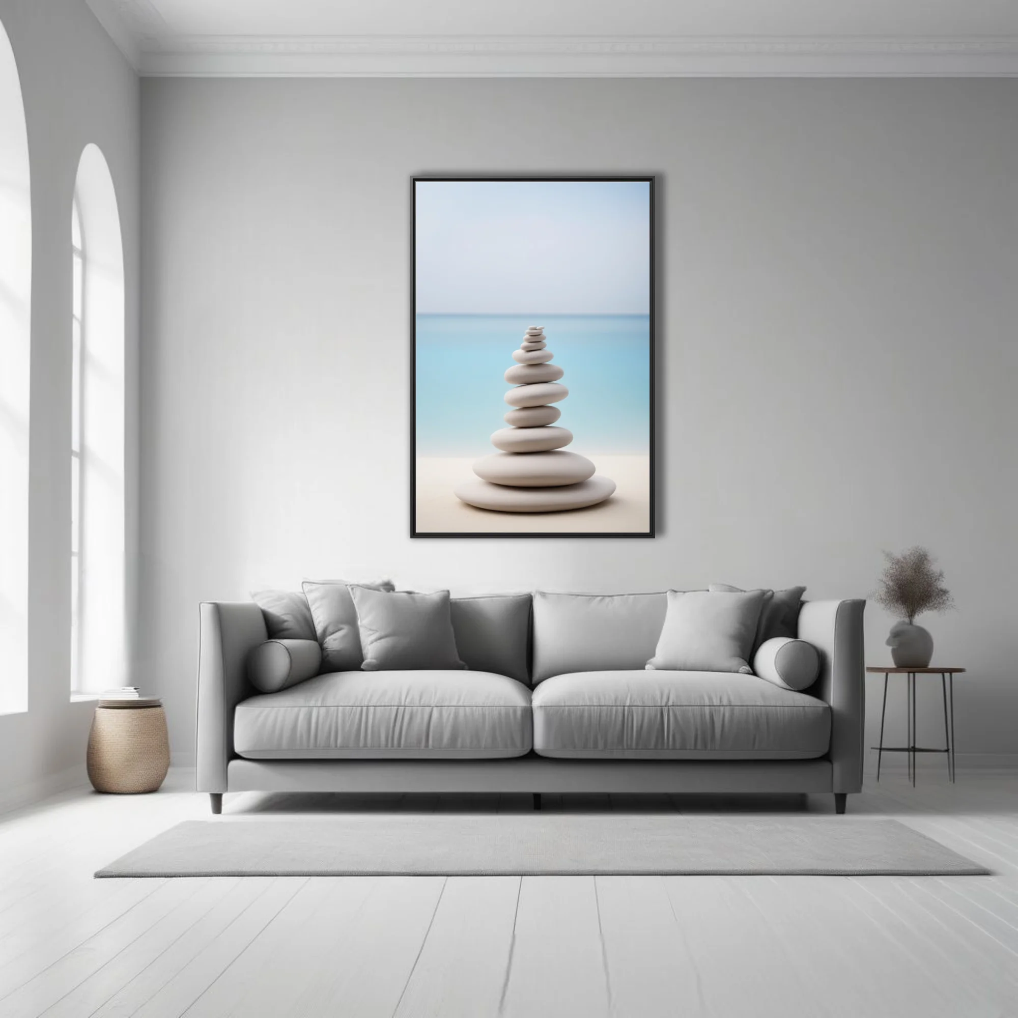 Minimalist zen stacked stones print, pale grey and soft aqua palette