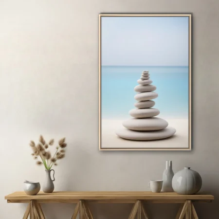 Minimalist zen stacked stones print, pale grey and soft aqua palette