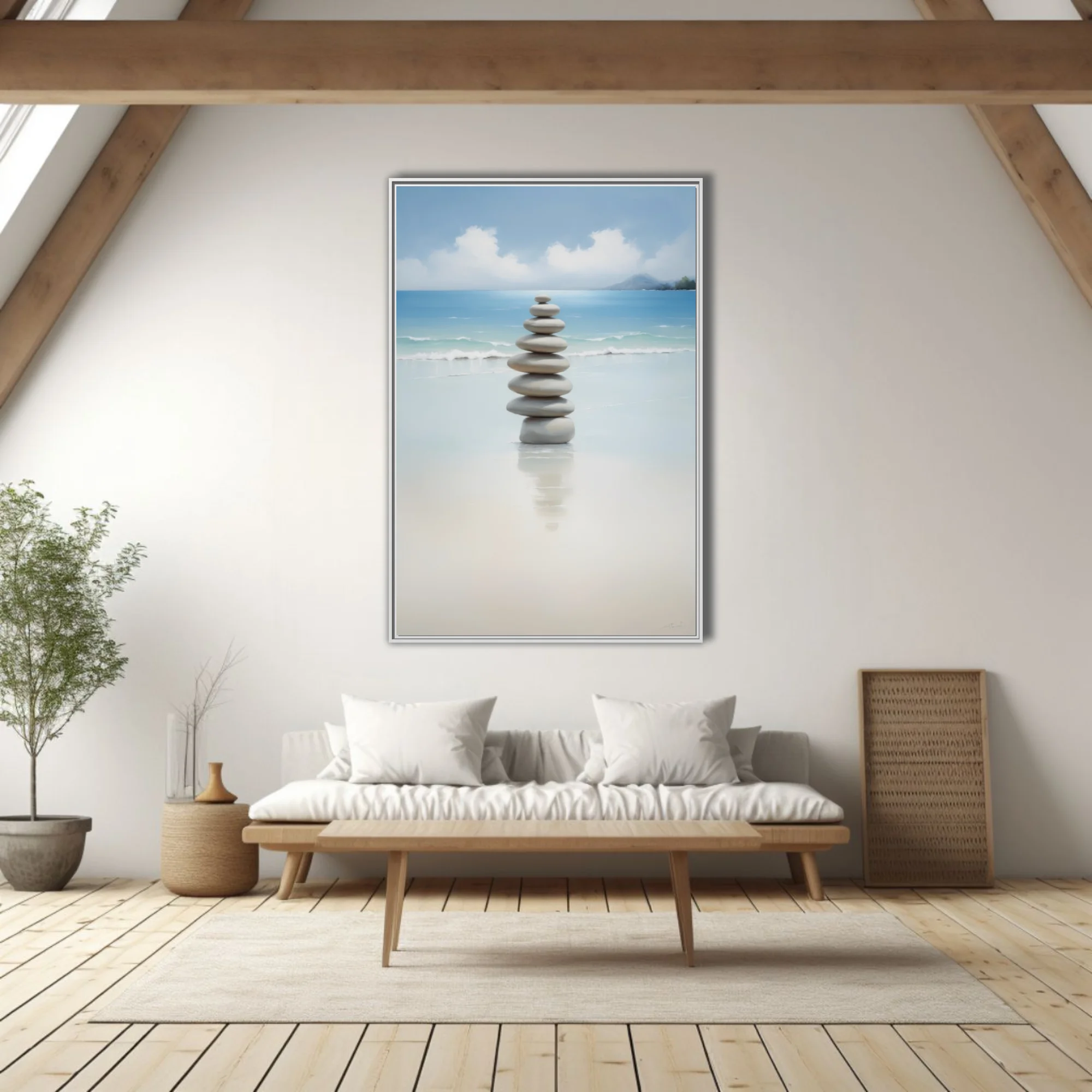 Minimalist zen stacked stones on calm beach, soft aqua and sand tones