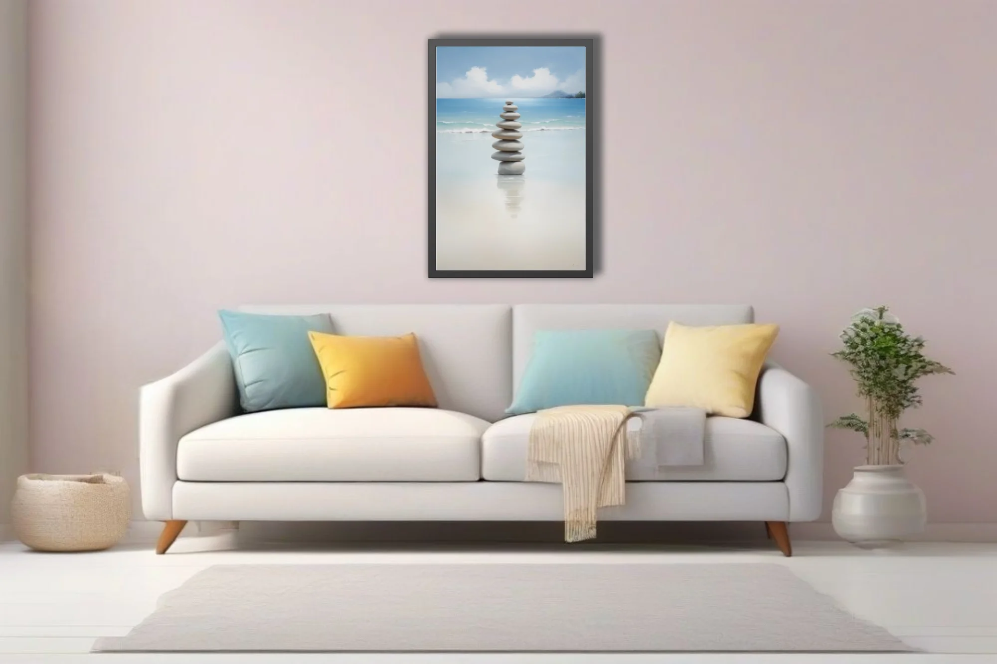 Minimalist zen stacked stones on calm beach, soft aqua and sand tones