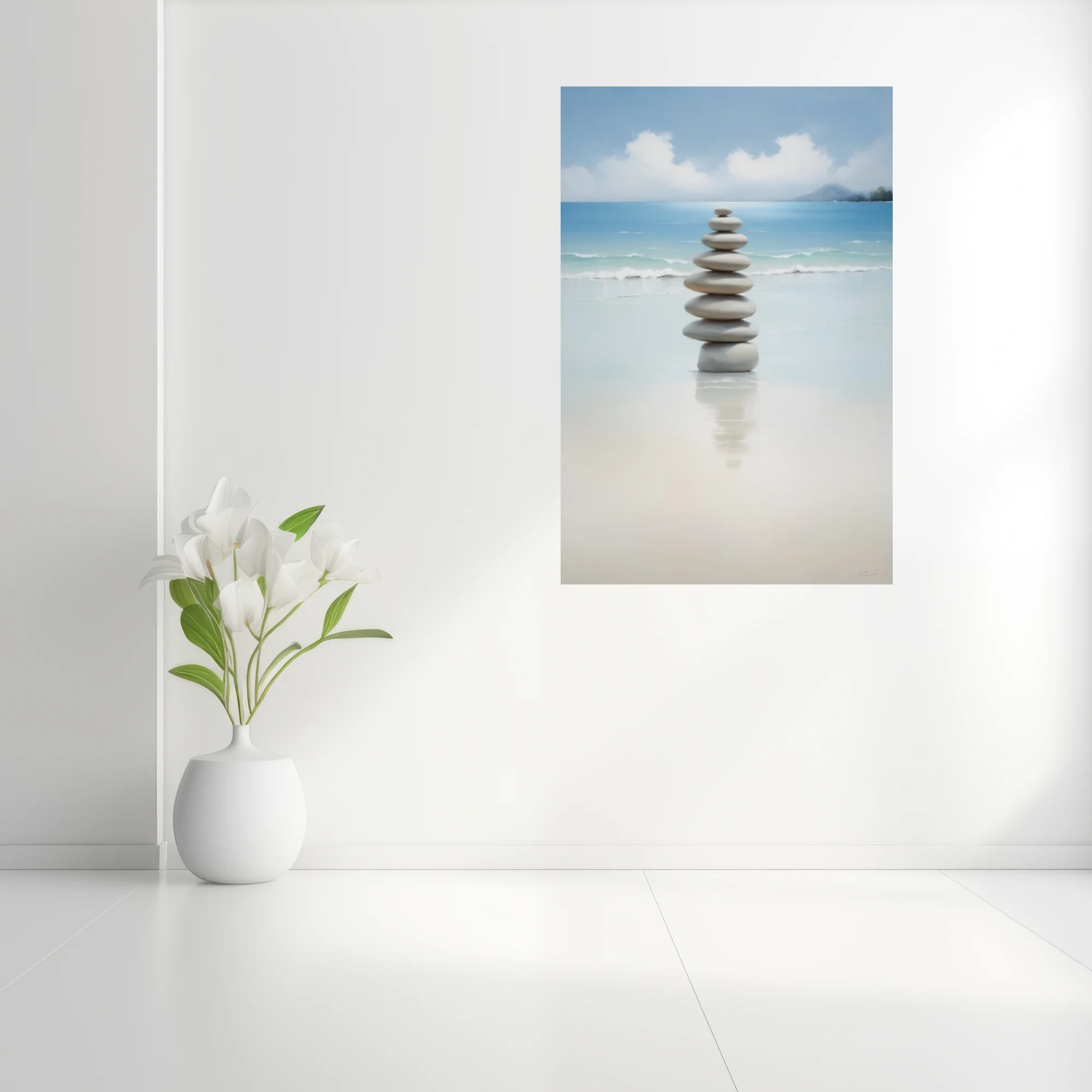 Minimalist zen stacked stones on calm beach, soft aqua and sand tones