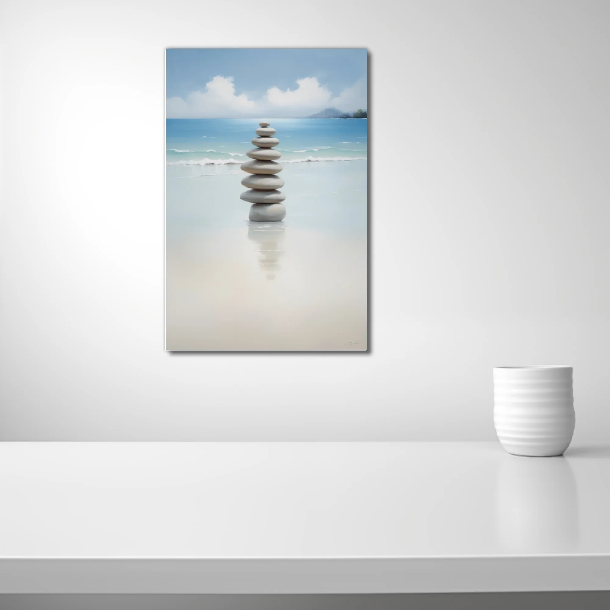 Minimalist zen stacked stones on calm beach, soft aqua and sand tones