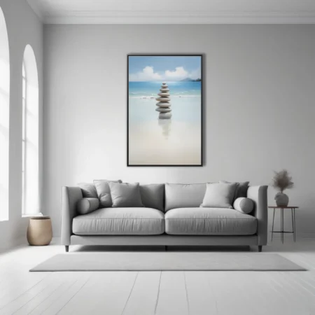 Minimalist zen stacked stones on calm beach, soft aqua and sand tones