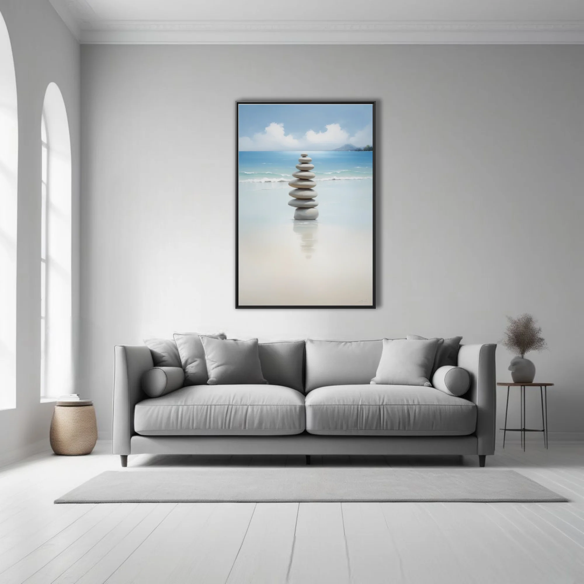 Minimalist zen stacked stones on calm beach, soft aqua and sand tones
