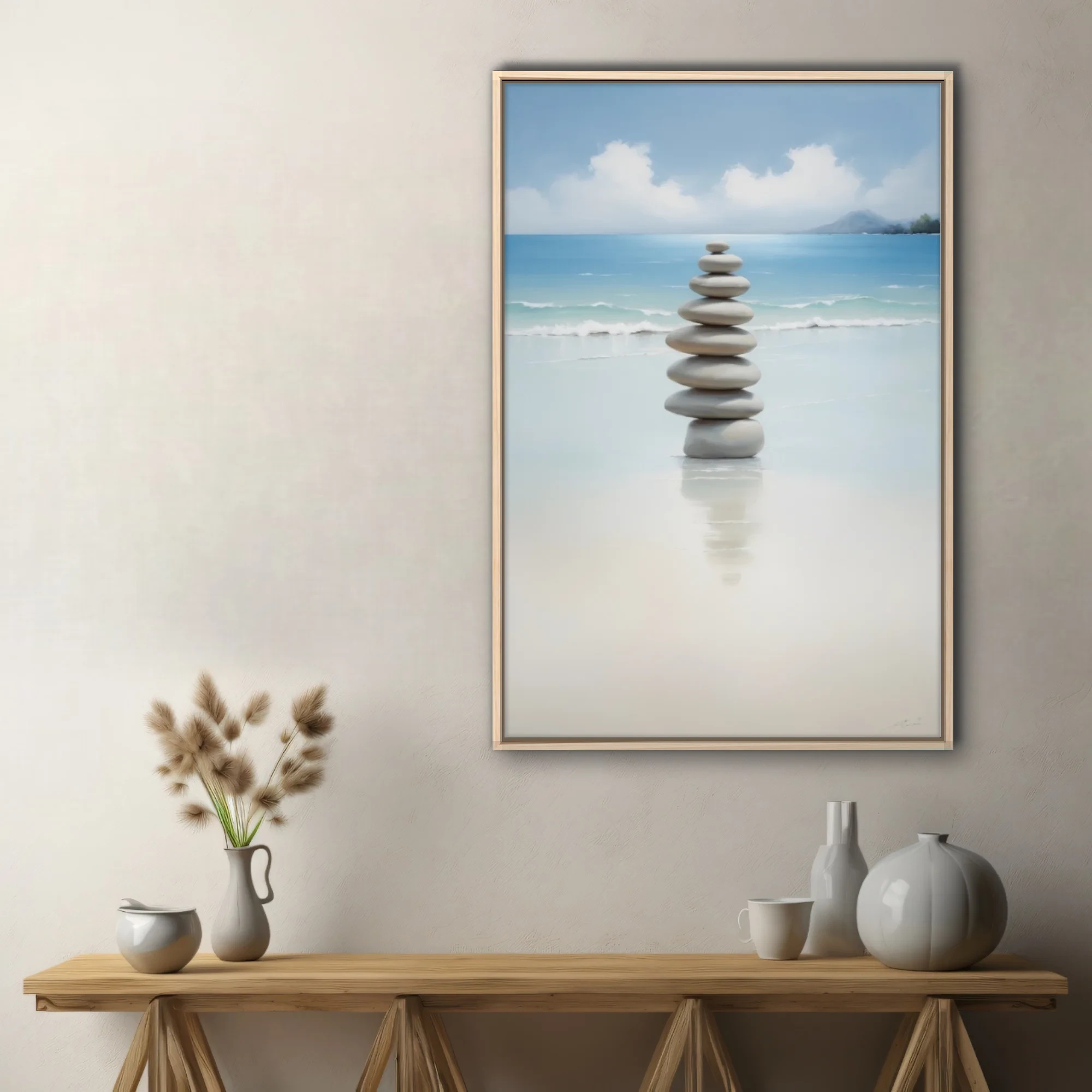 Minimalist zen stacked stones on calm beach, soft aqua and sand tones