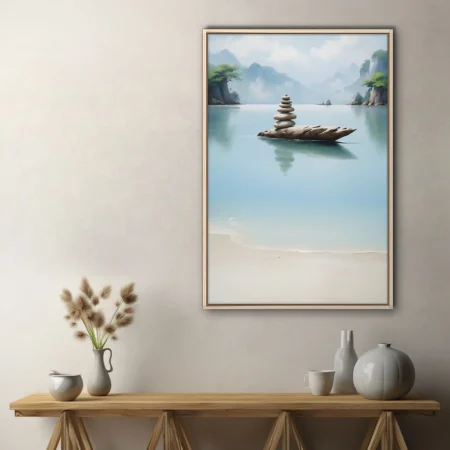 Zen minimalist cairn on calm water, misty mountain landscape, blue-grey watercolor-style